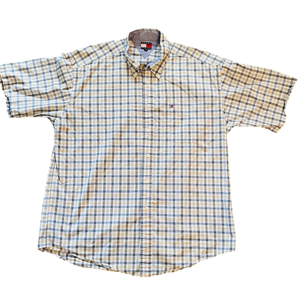 Tommy Hilfiger Mens XL Short Sleeve Button Down Shirt Blue Tan Plaid Cotton
